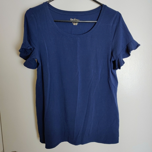 Lilly Pulitzer Ruffle Sleeve Scoop Neck, Women's shirt, Blue Shirt, Size Medium